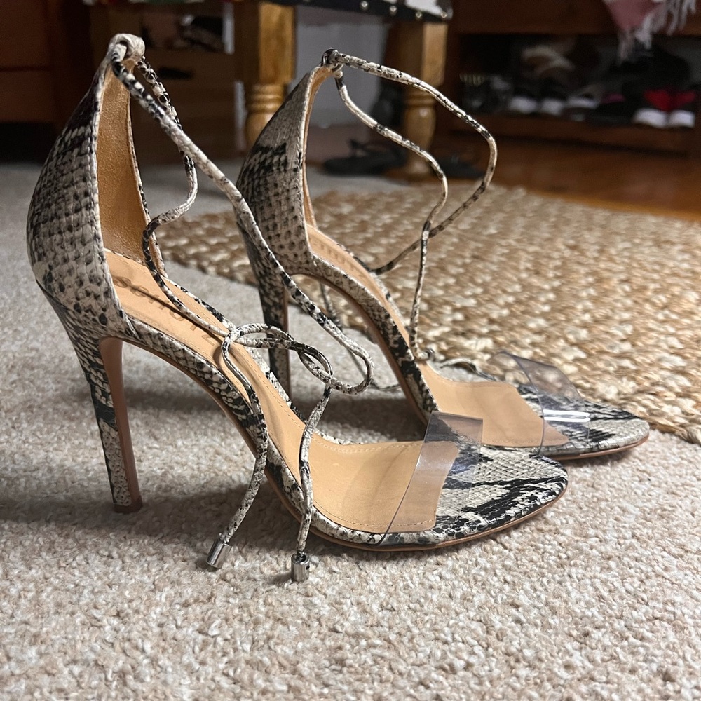 Schutz snakeskin stiletto heel with ankle tie and clear toe strap size 7.5 women